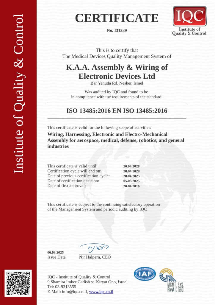 ISO 13485:2016 certificate – K.A.A. Assembly & Wiring of Electronic Devices, valid until 2028